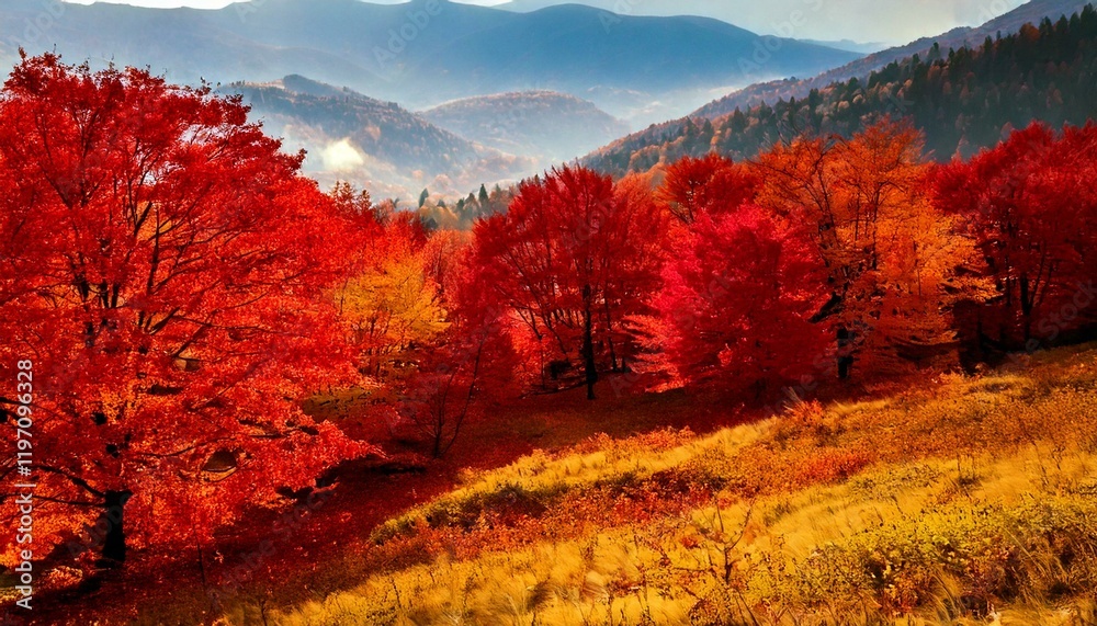 Fototapeta premium autumn, tree, fall, nature, leaves, forest, yellow, trees, season, park, landscape, leaf, orange, foliage, sky, green, colorful, color, red, blue, maple, golden, bright, outdoors, beautiful