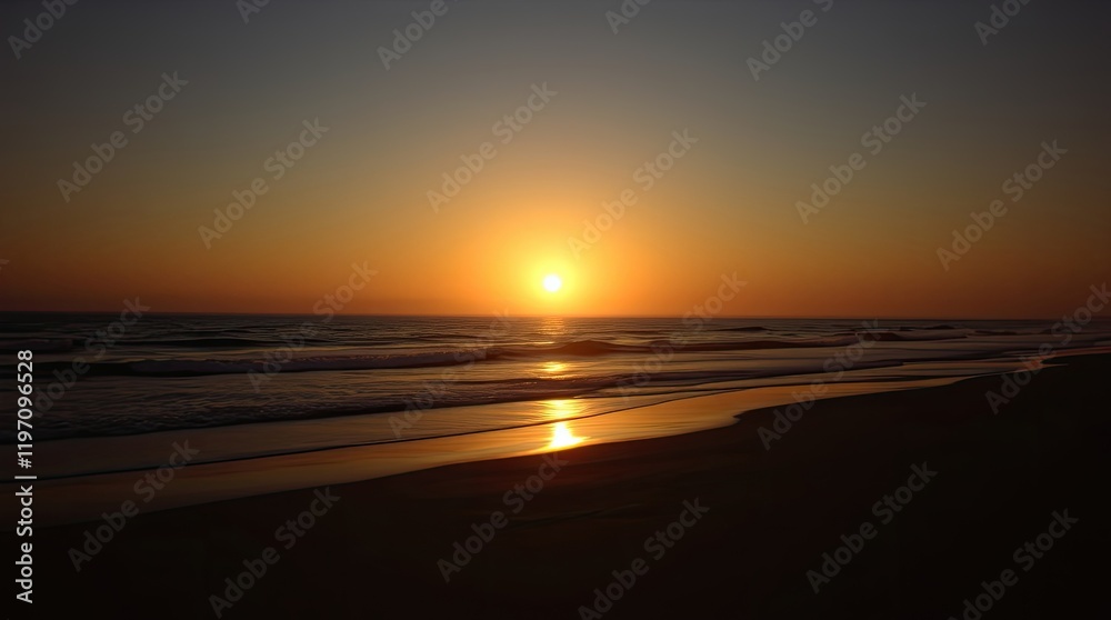 Fototapeta premium beach and sea at sunset under high contrast low key lighting. Warm golden hues illuminate the scene, creating a luxurious and radiant atmosphere.