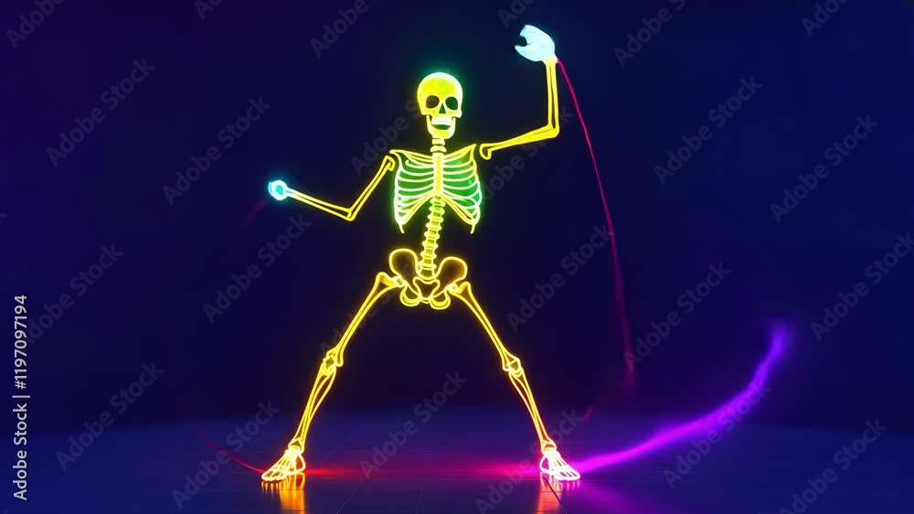 A vibrant skeleton performs energetic dance moves amid captivating neon lights over dark blue background