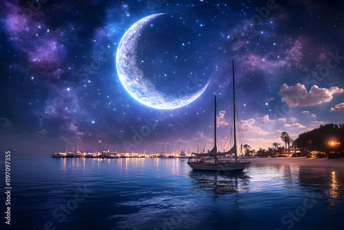 Night Harbor, Crescent Moon, Fantasy Illustration photo