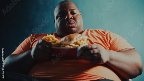 an overweight person eating fastfood photo