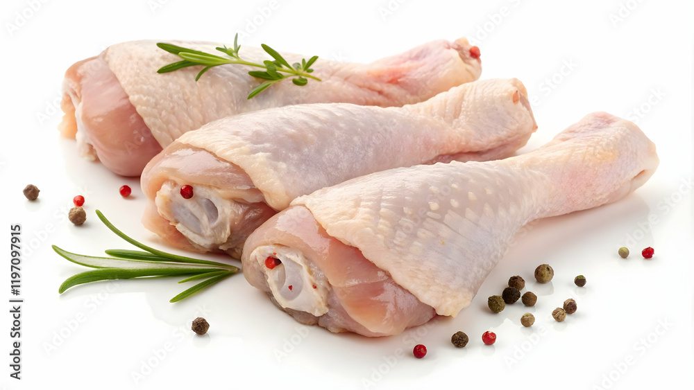 Fresh Raw Chicken Drumsticks with Garlic and Rosemary on White Background Fresh Raw Chicken Drumsticks with Garlic and Rosemary on White Background