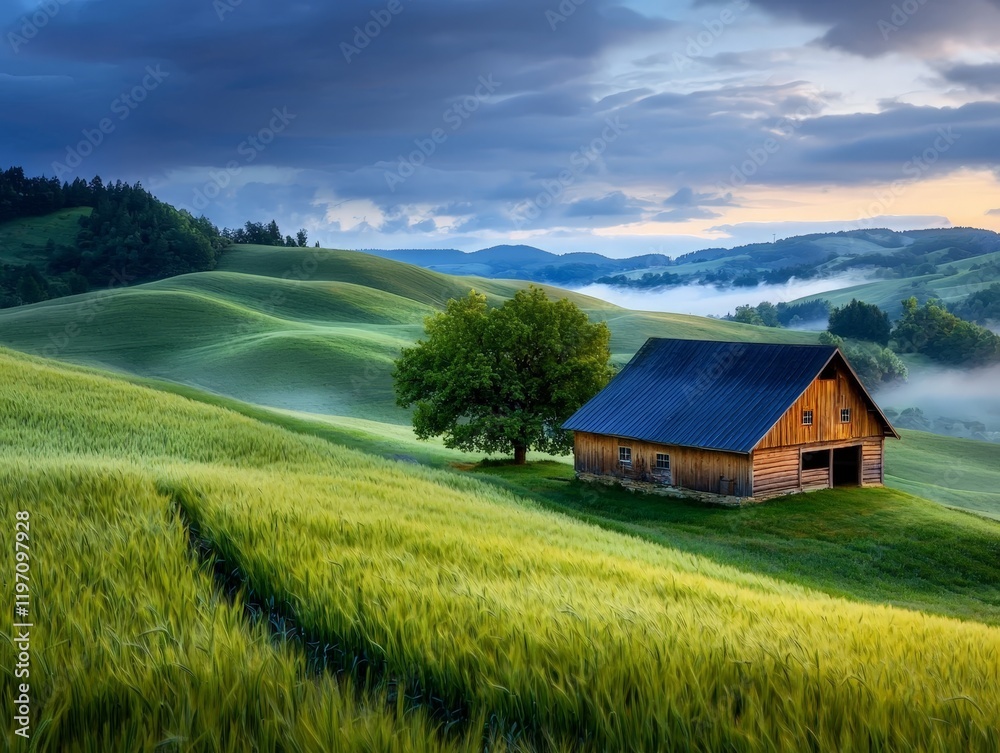 Serene Countryside Scene Featuring a Traditional Barn Nestled Among Lush Green Fields and Surrounded by Glowing Golden Foliage Under a Dramatic Sky Serene Countryside Scene Featuring a Traditional Barn Nestled Among Lush Green Fields and Surrounded by Glowing Golden Foliage Under a Dramatic Sky