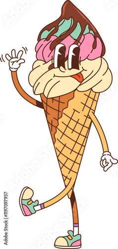 Retro hippie groovy ice cream dessert character. Gelateria vanilla gelato in waffle cone, parlor dessert isolated vector happy personage, ice cream with chocolate topping groovy character waving hand