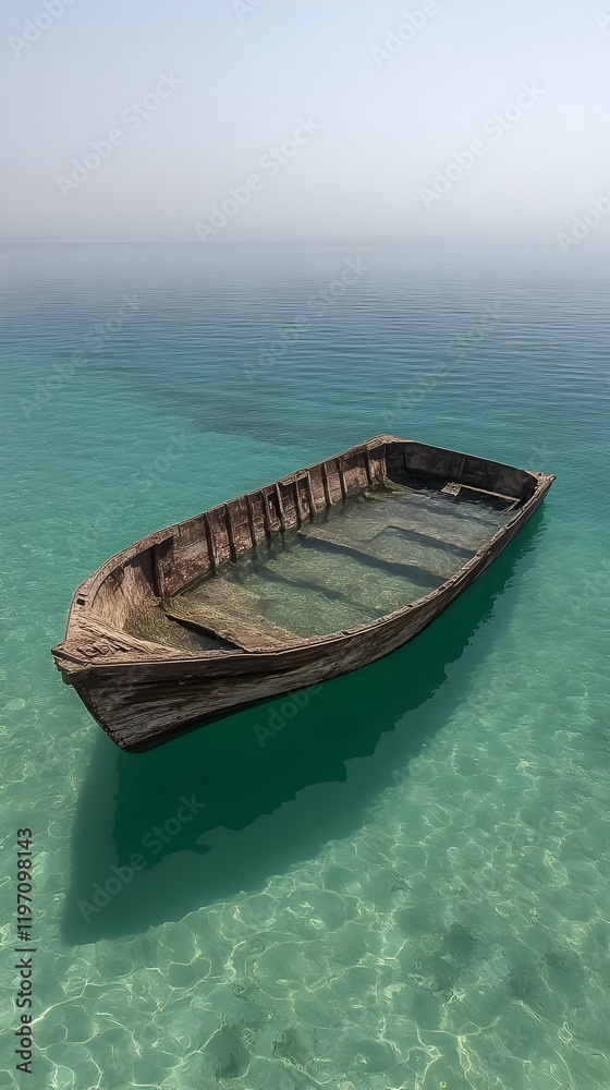 Submerged Wooden Boat in Calm Sea Submerged Wooden Boat in Calm Sea