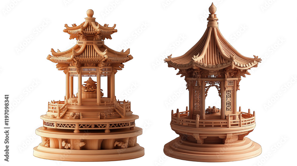 Two wooden structures, one of which is a pagoda, are shown side by side Two wooden structures, one of which is a pagoda, are shown side by side