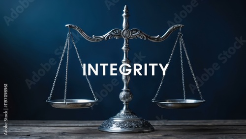 INTEGRITY text title in center and balance scale truth honesty heart justice in indigo silver white colors