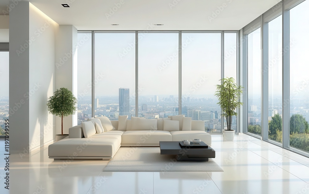Fototapeta premium A contemporary living room with clean lines and minimalistic furniture in a soft, neutral color palette. 