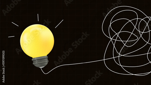 halftone collage trend, Bright yellow light bulb untangling chaotic lines, symbolizing clarifying complex ideas, creative problem-solving, and innovative thinking. brainstorming and solution concepts