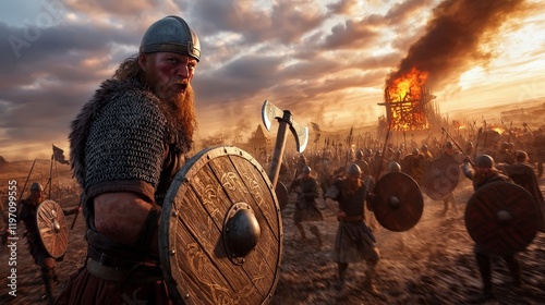 Dramatic Viking Raiding Scene Depicting a Battle Between Invaders and Defenders in a Coastal Village with a Fiery Background