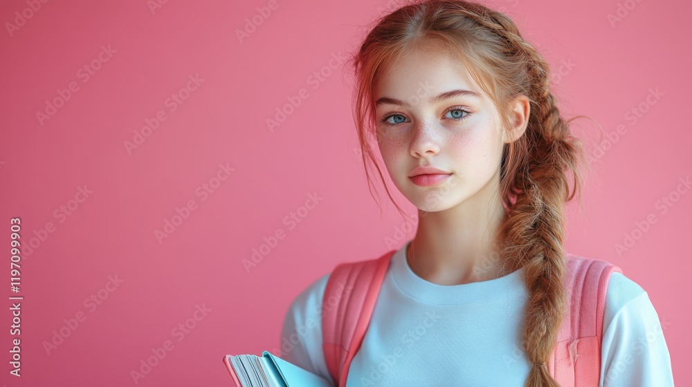 Schoolgirl embracing education with books against a vibrant pink background Schoolgirl embracing education with books against a vibrant pink background