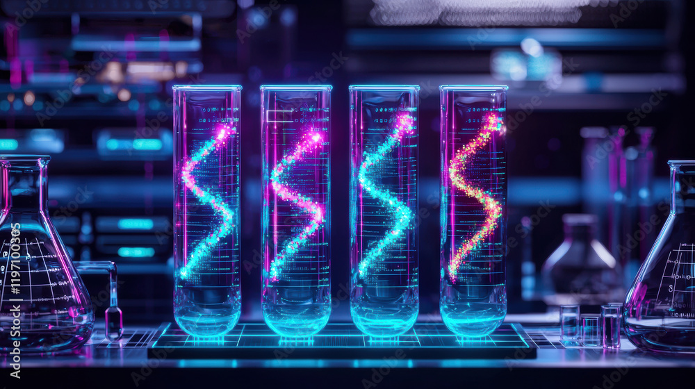 Fototapeta premium Colorful laboratory scene with glowing test tubes and vibrant liquids, showcasing scientific innovation and creativity