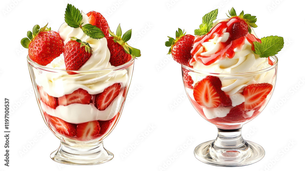 Two bowls of strawberry ice cream with whipped cream and strawberries Two bowls of strawberry ice cream with whipped cream and strawberries