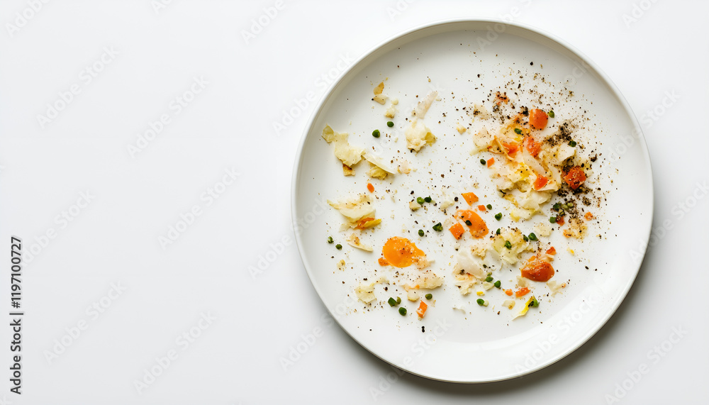 Dirty plate with food leftovers on white background, top view Dirty plate with food leftovers on white background, top view