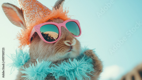 Vibrant portrait of rabbit wearing sunglasses and party hat, exuding joy and fun. Perfect for festive themes photo