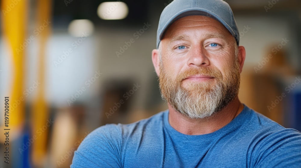Fototapeta premium Strong builder with beard smiles confidently in a workshop setting