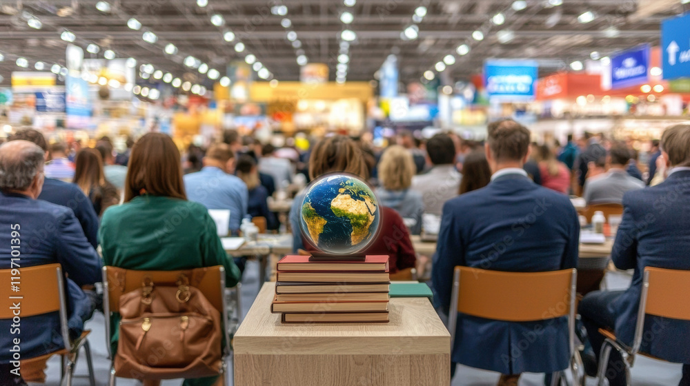 Obraz premium Conference audience with globe on books, showcasing global awareness and education