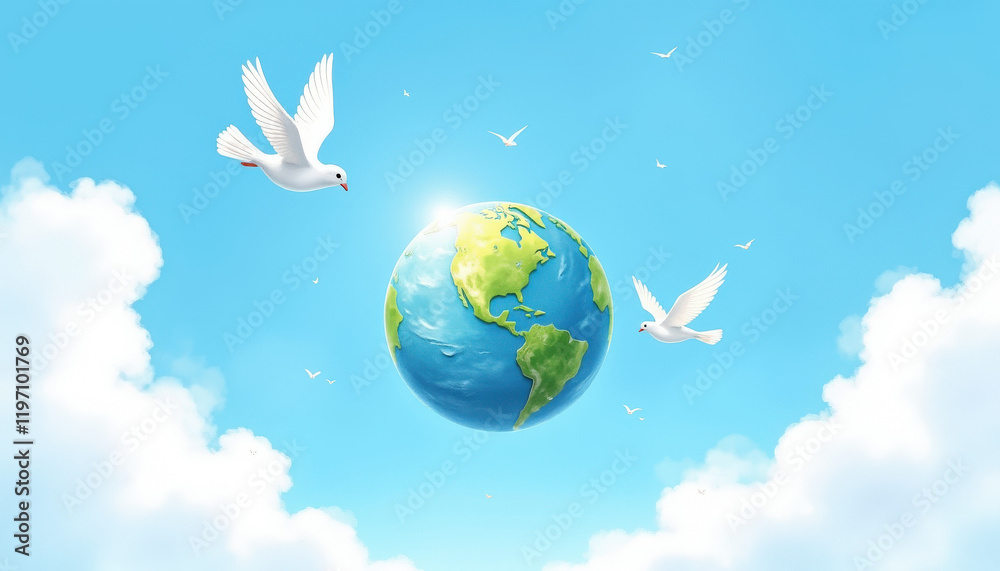 Naklejka premium Earth with Flying Doves for World Peace Day