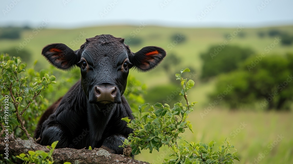 Cow lounging on a branch amidst lush greenery in a serene pasture Cow lounging on a branch amidst lush greenery in a serene pasture