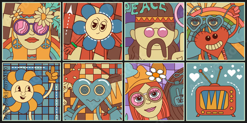 Eight colorful square conceptual posters, stickers, design elements in simplified groovy style. Vector collection