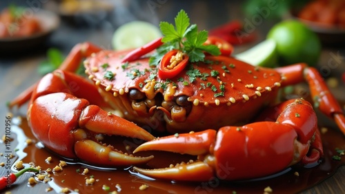 A vibrant Chili Crab dish, featuring a bright red crab glistening with a rich, glossy sauce that shimmers photo