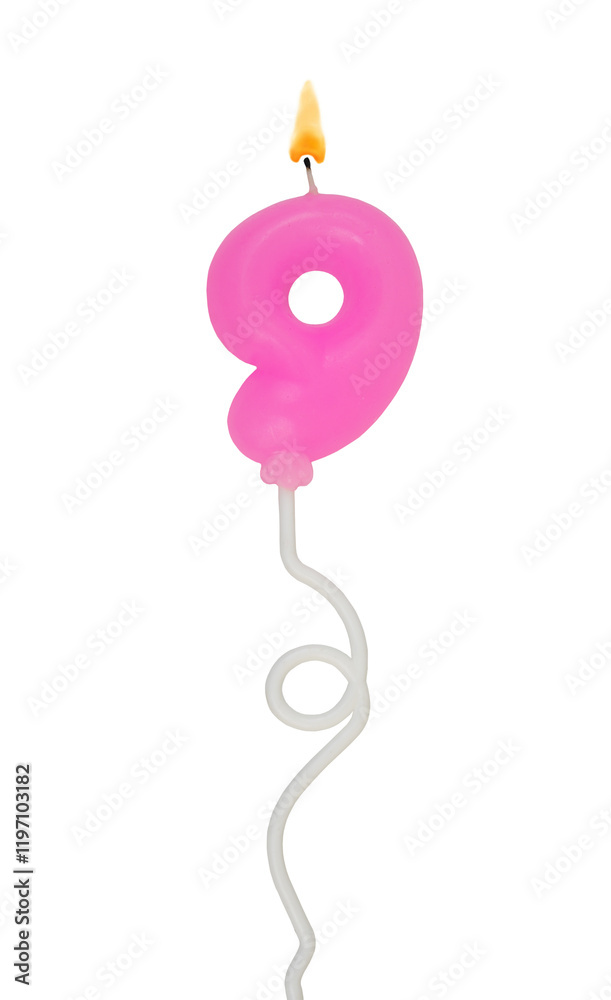 Burning pink air balloon shaped birthday candle isolated on white background. Number 9. Burning pink air balloon shaped birthday candle isolated on white background. Number 9.