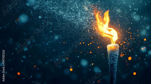 Flame from a torch illuminates snowy landscape on a cold winter night, winter games concept.