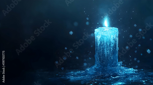 Beautiful icy candle illuminates a serene winter atmosphere with falling snowflakes at night