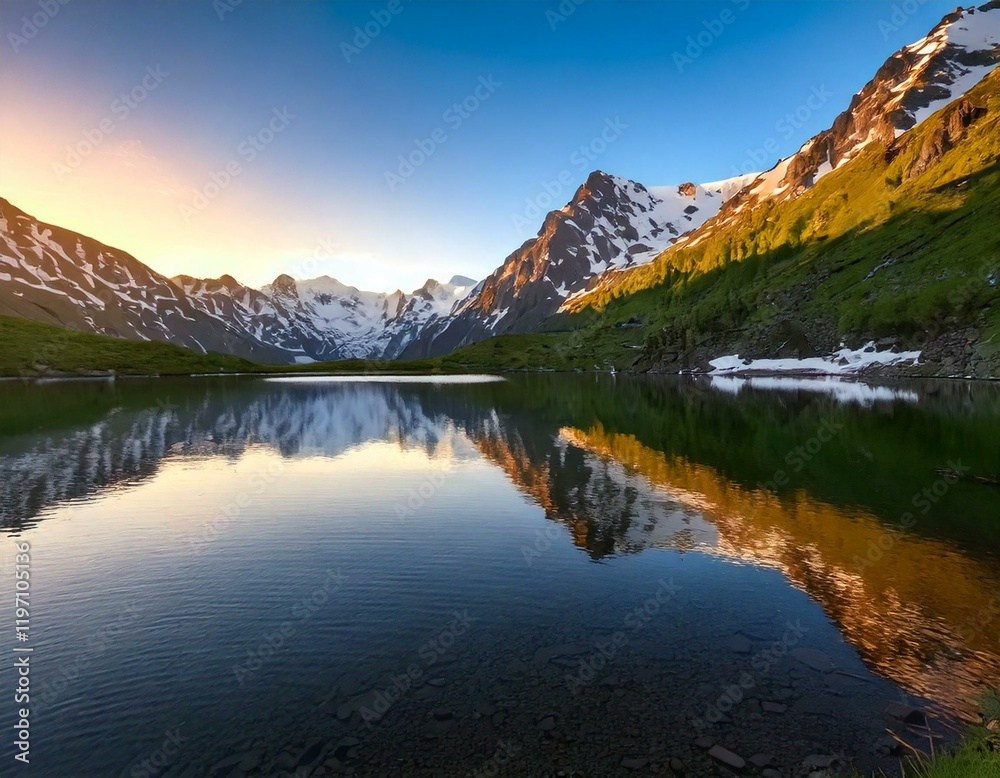 Serenity at Sunrise- A tranquil mountain lake reflecting snow-capped Serenity at Sunrise- A tranquil mountain lake reflecting snow-capped