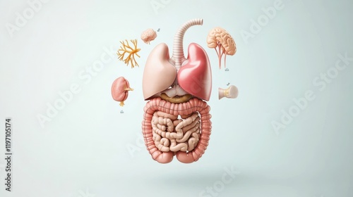 Detailed anatomical illustration of human organs showcasing lungs, heart, brain, and digestive system against soft background
