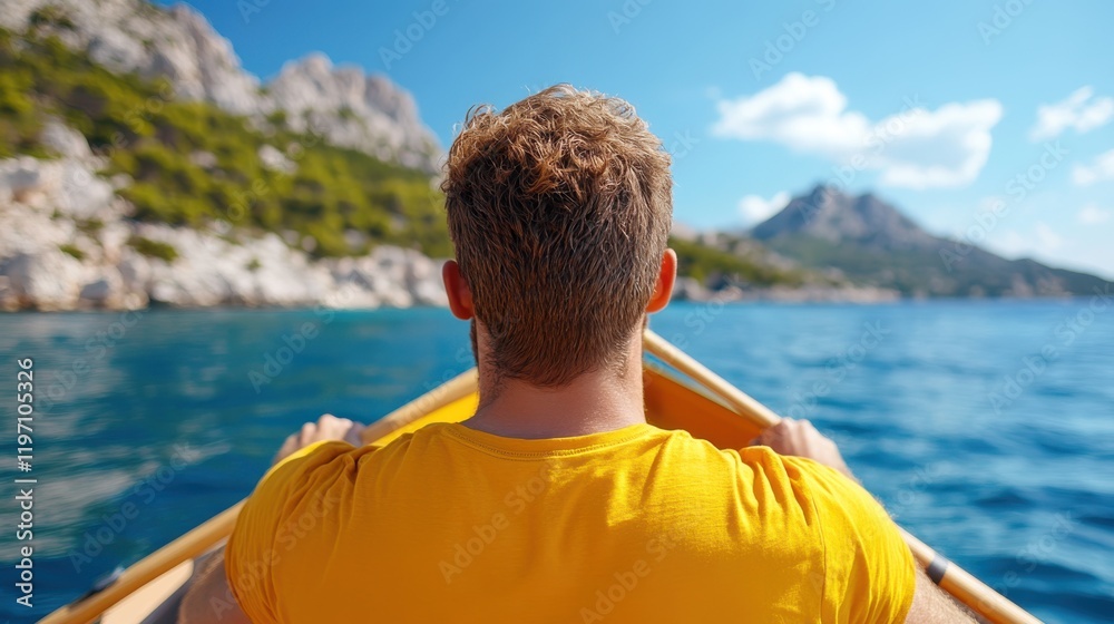 Fototapeta premium Man rows a wooden boat in bright blue waters under a clear sky
