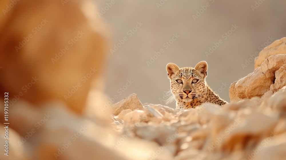 Wild leopard cub observing its surroundings quietly among rocky terrain in a serene natural environment Wild leopard cub observing its surroundings quietly among rocky terrain in a serene natural environment