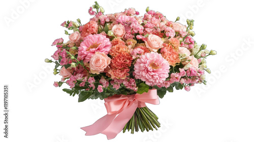 A bouquet of pink flowers with a pink ribbon