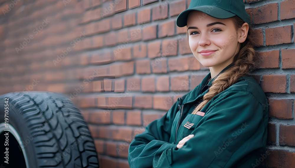 Female mechanic in uniform with car tire against brick wall background Female mechanic in uniform with car tire against brick wall background