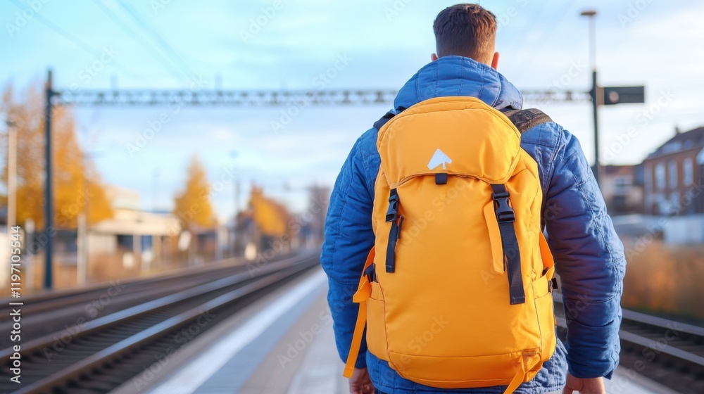 Man walks towards train station with yellow backpack in autumn light Man walks towards train station with yellow backpack in autumn light
