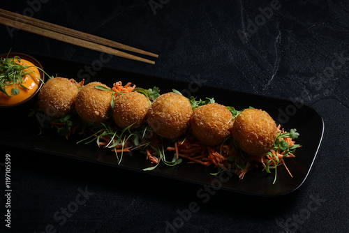 Crab meat, seafood, and Gouda croquettes coated in crispy panko crumbs, served golden brown with a side of creamy dipping sauce and fresh microgreens for garnish. photo