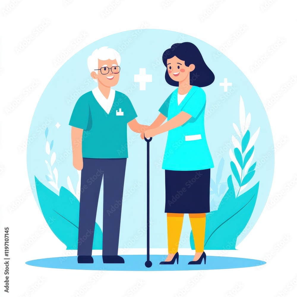 Fototapeta premium Friendly Healthcare Interaction Between Elderly Patient and Caregiver in Modern Clinic Environment