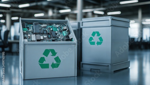 Recycling Computer Components: Sustainable Electronics Factory Close-Up with Motherboards and Microchips for Reuse photo