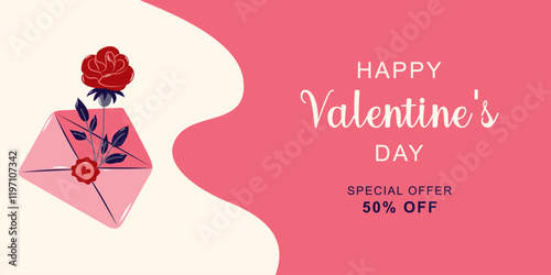 Happy Valentine's Day horizontal banner for sale. Red rose in pink envelope. Simple cute greeting card. Vector illustration.