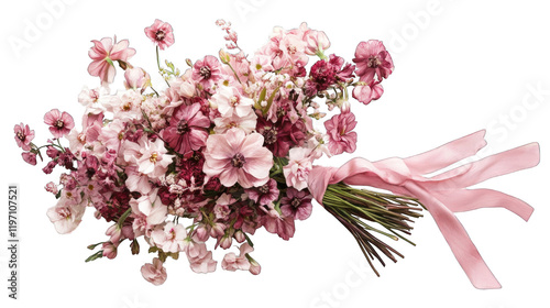 A bouquet of pink flowers with a pink ribbon tied around it