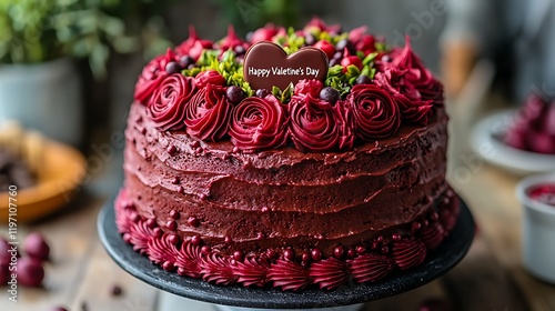 A rich chocolate cake adorned with red roses and a heart-shaped 