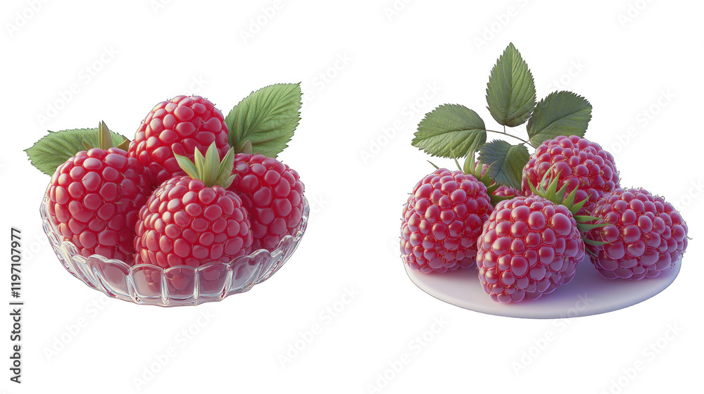 Two bowls of raspberries are shown, one with a clear bowl Two bowls of raspberries are shown, one with a clear bowl