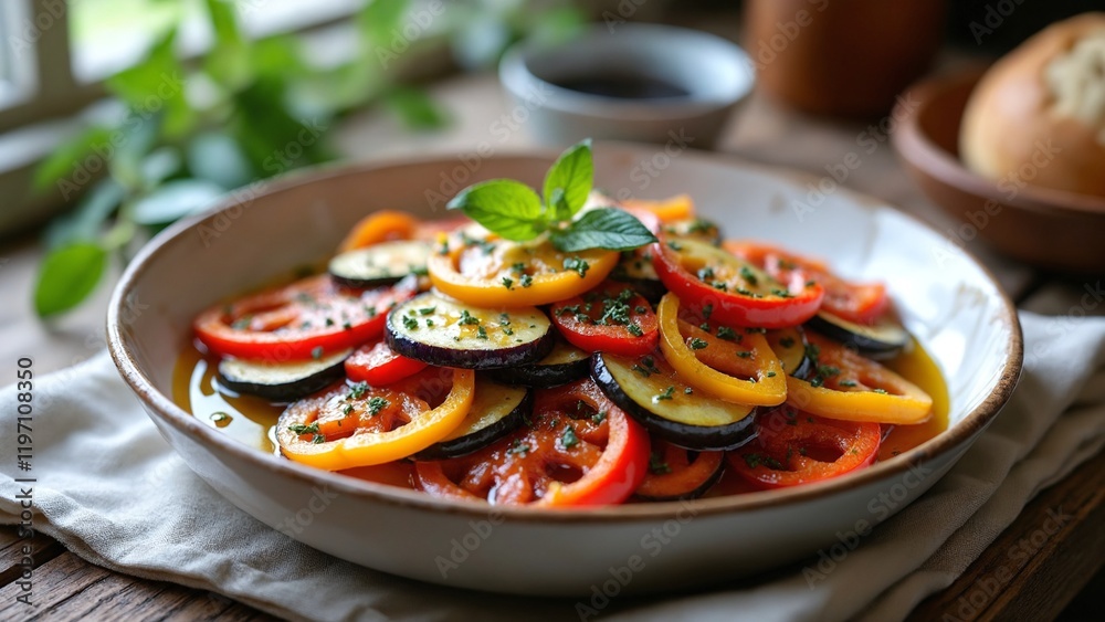 A vibrant, rustic Ratatouille is artfully arranged in a shallow, white ceramic dish A vibrant, rustic Ratatouille is artfully arranged in a shallow, white ceramic dish