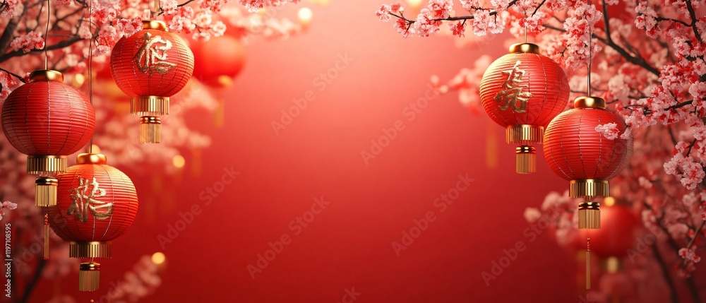 Front View of Chinese new year's frame background. Red Lanterns and Floral cherry blossoms. Red and gold tones. Blurred background. Copy Space. Generative AI Front View of Chinese new year's frame background. Red Lanterns and Floral cherry blossoms. Red and gold tones. Blurred background. Copy Space. Generative AI