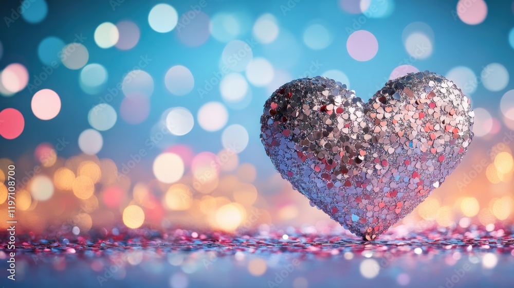 Fototapeta premium Glimmering Heart Shaped Decoration on Colorful Background with Bokeh Lights for Romantic or Festive Themes