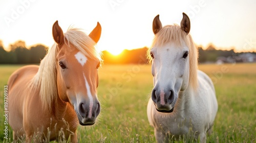 Two beautiful horses enjoying a golden sunset in the meadow