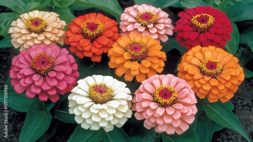 A vibrant garden of zinnias in various shades of pink, orange, and red. photo