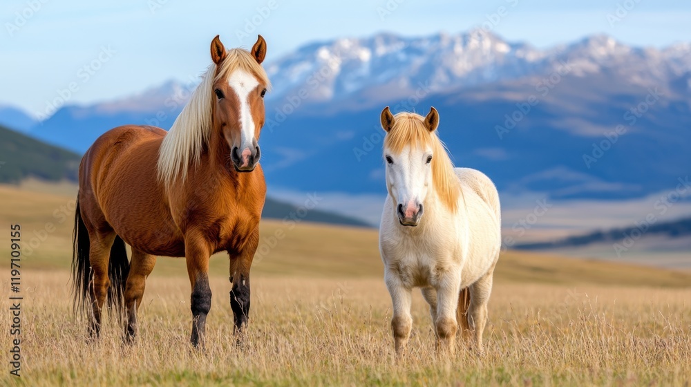 Horses gracefully roaming in a breathtaking meadow under clear skies Horses gracefully roaming in a breathtaking meadow under clear skies