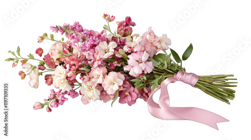 A bouquet of pink flowers with a pink ribbon