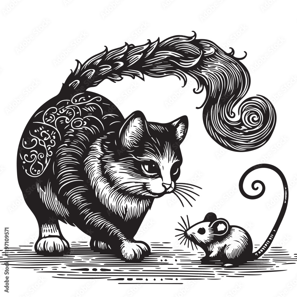 custom made wallpaper toronto digitalCat and Mouse sketch in black and white lines .Art illustration. The illustration is generated in AI